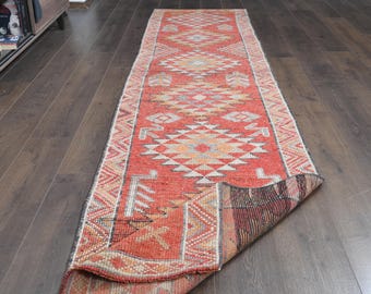 2&#39;7x11&#39;9 ft, CORAL ORANGE COLORFUL, Turkish Runner Rug, Vintage Rug 3x12, Washable Rug, Stair Runner Rug 3x12, Tribal Rug, Etsy Runner Rug