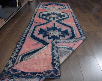 Vintage Turkish Runner Rug: Pink & Blue Herki, 3x9'7 Ft - Etsy
