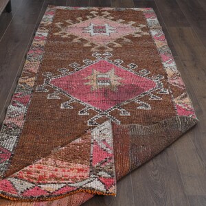 Brown & Pink Turkish Runner Rug: Vintage Tribal Hallway Rug (3x8.6 ft)