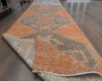 3.2x10.7 ft, ORANGE BROWN RUNNER, Vintage Turkish Runner Rug, Handmade Rug, Wool Rug, Oushak Rug Runner 3x11, Hallway Decor, Shabby Decor