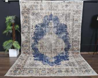 Faded Beige Navy Blue Turkish Rug, Vintage Oushak Rug (7'2x10'1 ft)
