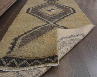 Vintage Turkish Rug Runner: Orange Brown Motif, Handmade Wool (3x12'1 ft)