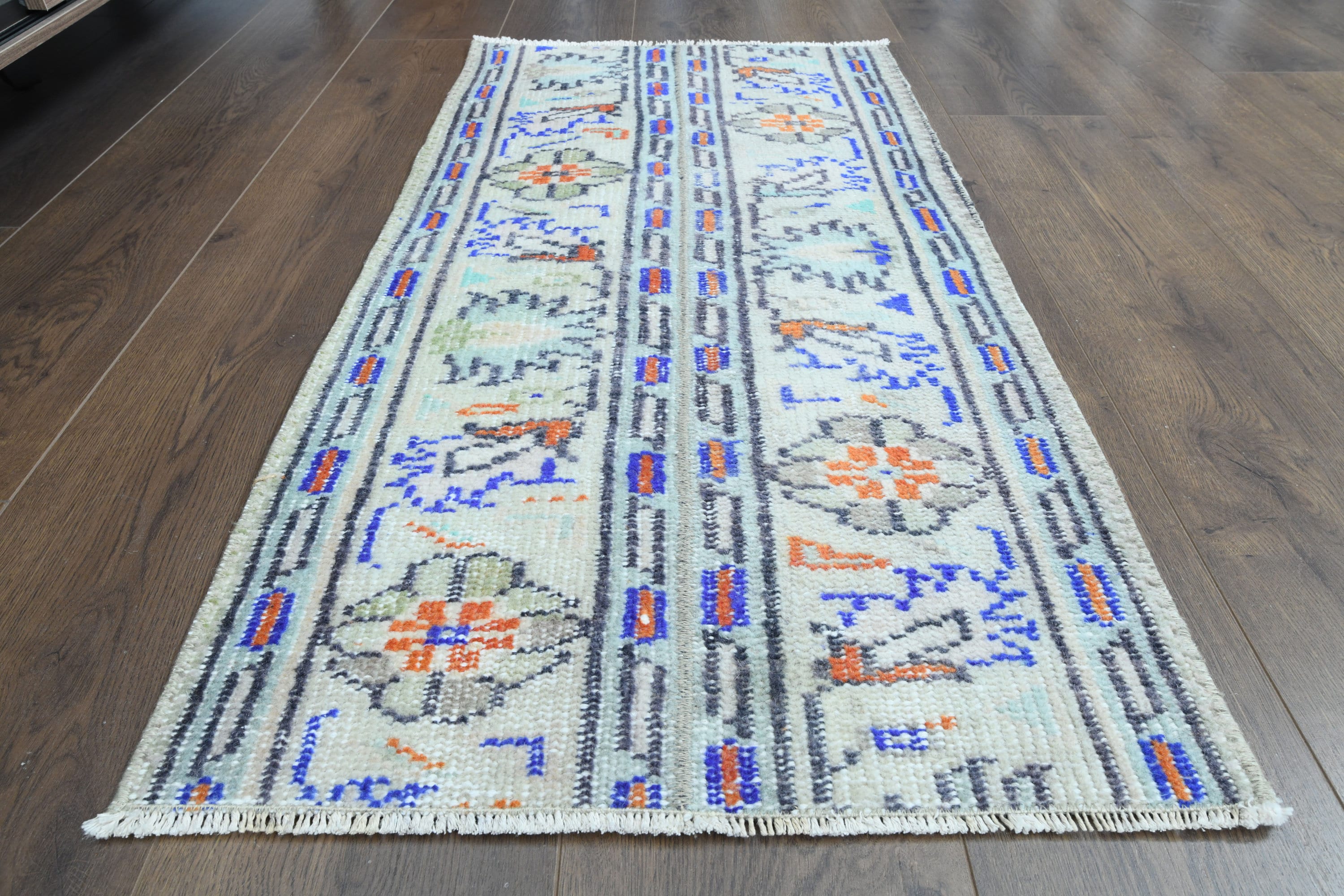 ベージュ／57×219ブルー パッチワーク ランナー トルコヴィンテージラグ