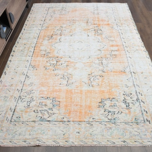 5&#39;7x8&#39;6 ft, FADED ORANGE RUG, Vintage Turkish Rug, Rug 6x9, Oushak Rug, Living Room Rug, Heritage Living Room Rug, Washable Rug, Area Rug