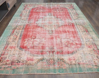 Red Green Medallion Oushak Rug, 7'3x10'6 ft Handmade Turkish Vintage Rug