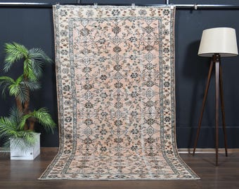 Handwoven Anatolian Vintage Rug, Light Orange Wool Large Rug, 5'0x8'9 ft