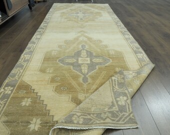 3&#39;9x10&#39;8 ft, TURKISH RUNNER RUG, Yellow Brown Runner, Vintage Rug, Handmade Rug, Home Decor, Stair Runner Rug, Wide Runner 3x11, Hallway Rug