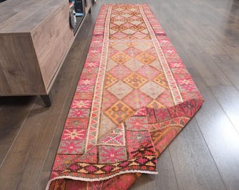 Alfombra Herki colorida de 2,6 x 12,3 pies, color rojo burdeos, estilo turco para pasillo, estilo tribal, estilo vintage, tejida a mano.