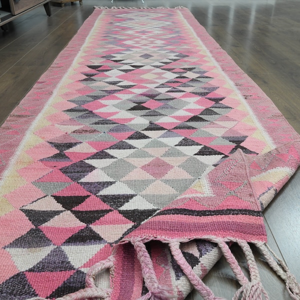 Alfombra turca hecha a mano: Alfombra de lana rosa estilo boho (3'3 x 11'6 pies)