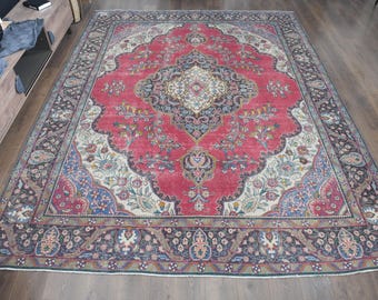 Vintage Turkish Luxury Rug: 9'6x12'4 ft, Hand-Knotted Red Oversized Large Rug