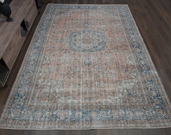 7'7x11'4 Pink Oushak Rug: Vintage Turkish Handmade Carpet