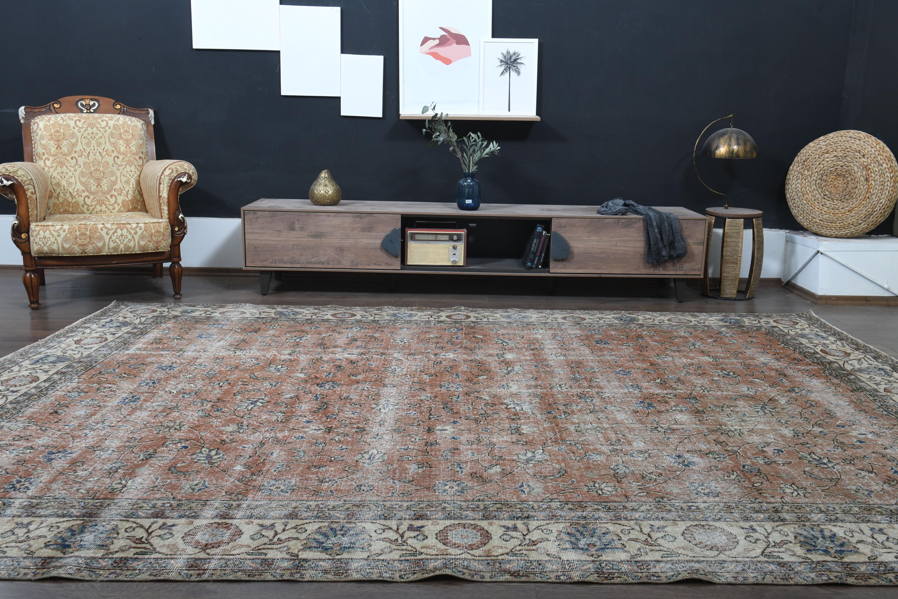 Orange Floral Turkish Rug: Vintage Hand-knotted Area Rug (8'4x11'7