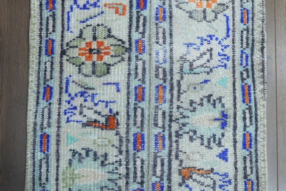 ベージュ／57×219ブルー パッチワーク ランナー トルコヴィンテージラグ