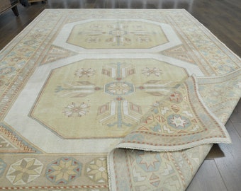 Vintage Turkish Oushak Rug: 6'6x9'9 Beige Wool Area Rug