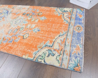204×112㎝◇トルコヴィンテージラグ◇フローラルオレンジブルー1018