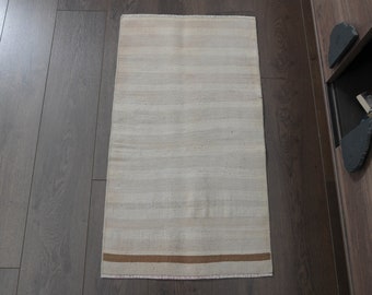 Handmade Turkish Kilim Rug: Beige Brown Striped Vintage Rug (1'7x3'1 ft)