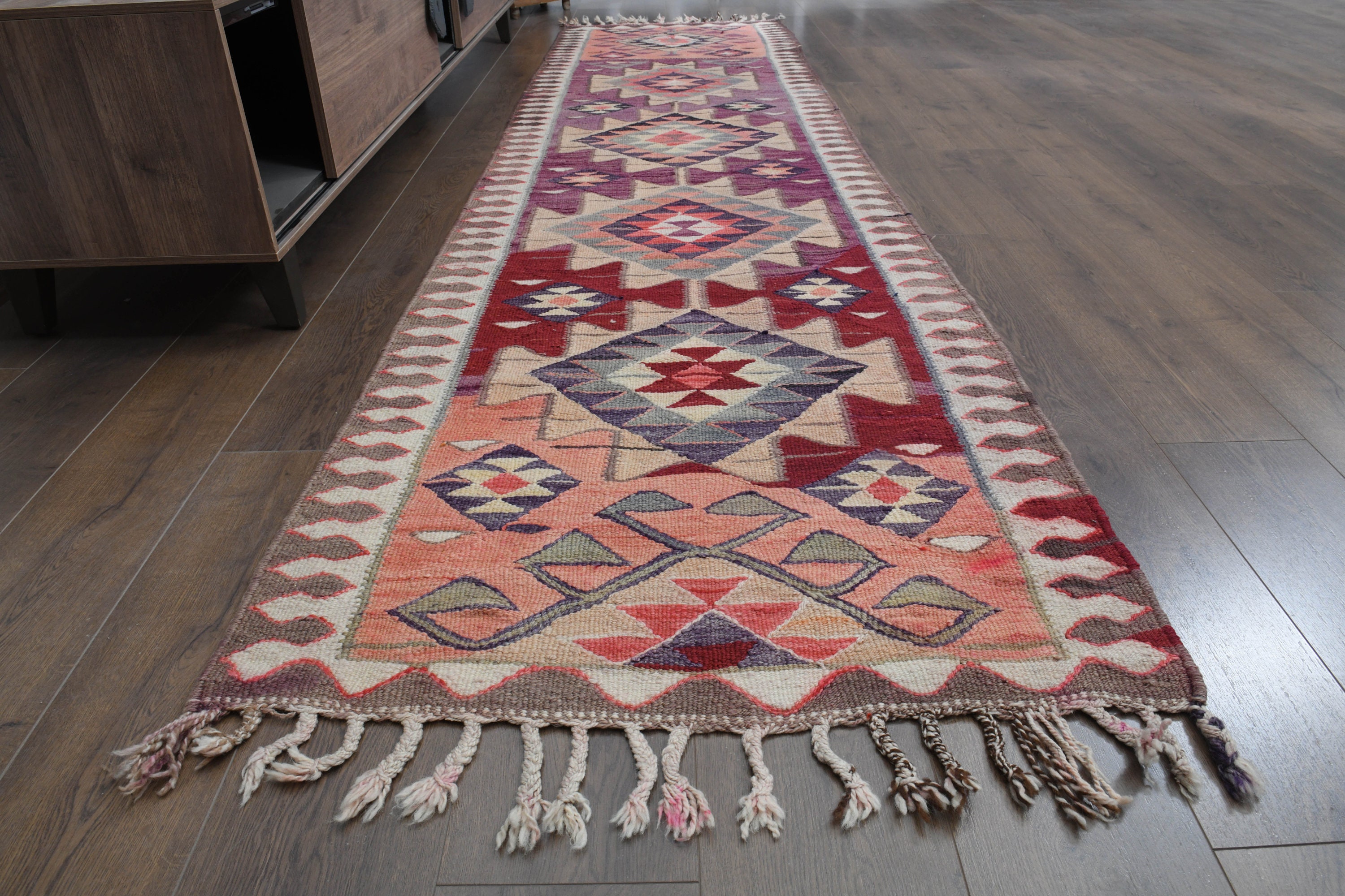 Colorful Turkish Runner Rug: Vintage Wool Stair Decor (2.9x10.9 Ft