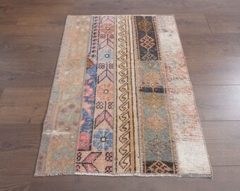 Vintage Turkish Rug, Farmhouse Patchwork Mini Rug (2x3 ft)