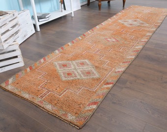 Vintage Orange Turkish Runner Rug: Hand-Knotted Wool Rug (3'1x11'8 ft)