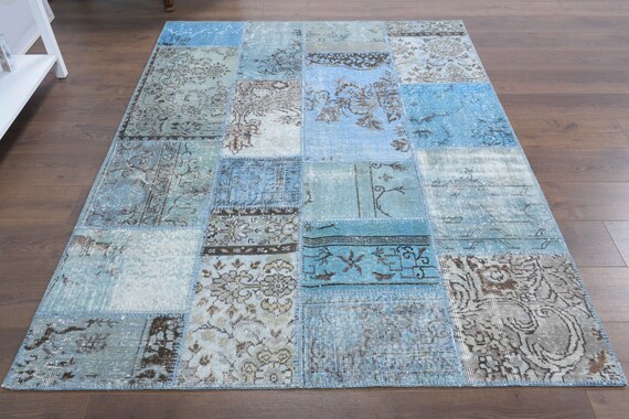 ビンテージ ラグ パッチワーク トルコ ペルシャ絨毯 ブラウン グレー グリーン ヴィンテージ トルコ パッチワーク ラグ：ブルー グリーン ブラウン