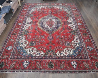 Vintage Turkish Rug, Living Room Rug, Distressed Anatolian Rug, Great Room Rug, 9'5"x13'2" ft, Red Colorful Oriental Tribal