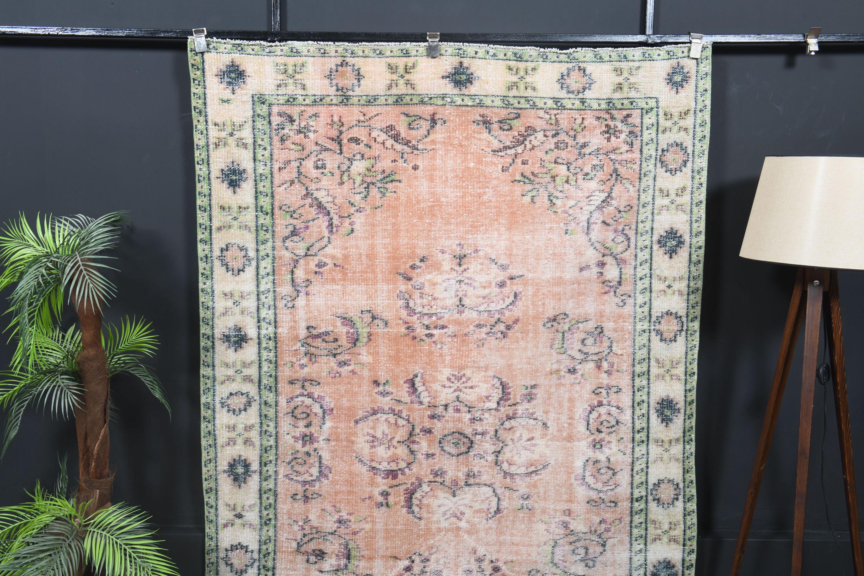 Vintage Turkish Area Rug: Peach & Green Living Room Rug, 5.2x8.3