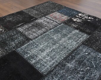 ブラックパッチワークトルコラグ：ヴィンテージハンドメイドエリアラグ