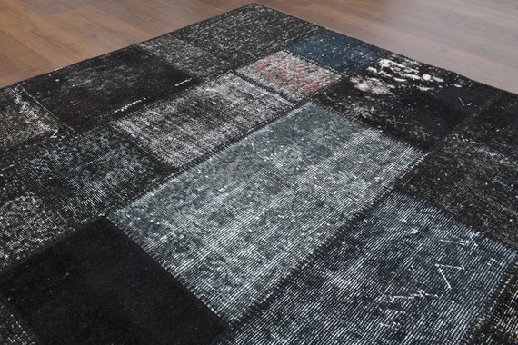 ブラックパッチワークトルコラグ：ヴィンテージハンドメイドエリアラグ