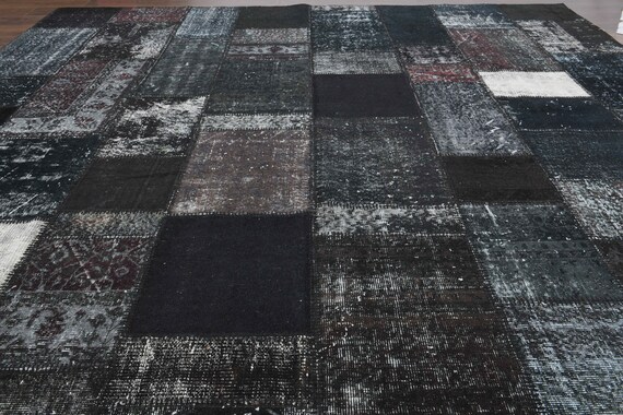 Black Patchwork Turkish Rug: Vintage Oushak Farmhouse Rug (9'9x13