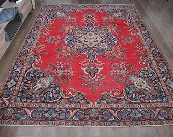 Vintage Turkish Luxury Rug: 9'6x12'5 ft, Hand-Knotted Red Colorful Luxury Rug