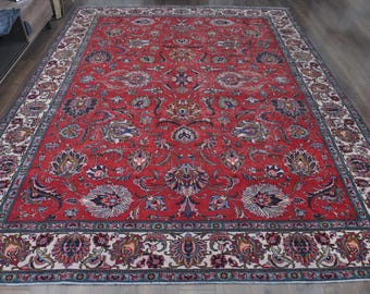 10x13 Red Floral Rug, Vintage Turkish Oriental Carpet, Ivory Border Oversized Oriental Rug, Palace Size Hand Knotted Wool Rug