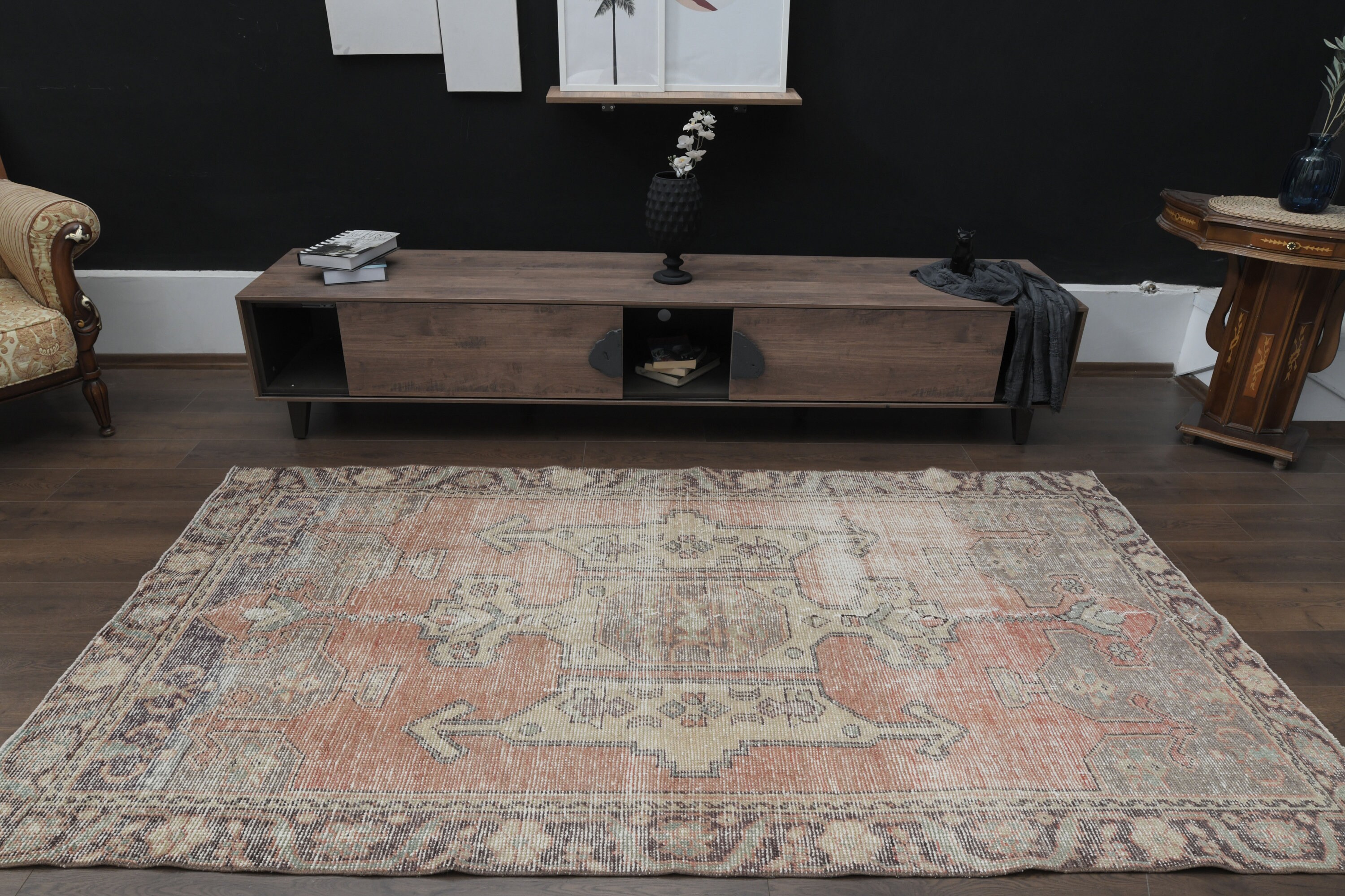 色あせたピンクパープルのヴィンテージトルコランナーラグ 4.6x8.4