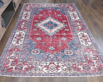 Red Blue Turkish Rug 6x9, Geometric Medallion Vintage Area Rug, Tribal Anatolian Rug, 5'7" x 8'7"