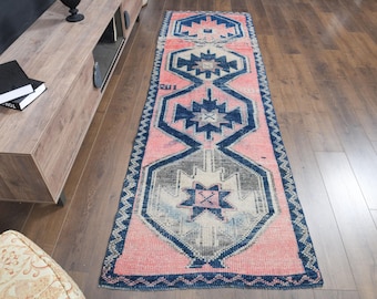 Pink Turkish Runner Rug, Vintage Wool Handmade Rug (3x9'7 ft)