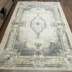 5&#39;5x7&#39;4, FADED BEIGE OUSHAK Rug, V intage Turkish Rug, Minimalist Rug, Oushak Rug 6x9, Carpet, Handmade Rug, Washable Rug, Pink Motifs