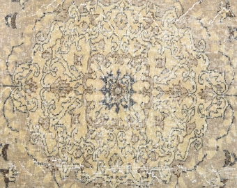 Faded Turkish Oushak Rug (5'3x8'3 ft): Yellow Brown Floral Vintage Area Rug