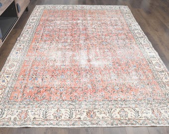 6.7x9.8 ft, Coral Orange Oushak Rug 7x10, Vintage Turkish Area Rug, Ivory Border Faded Floral Rug