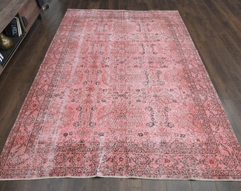 Oversize Vintage Turkish Oushak Rug: 6'9x10'2, Pink & Brown Wool Decor