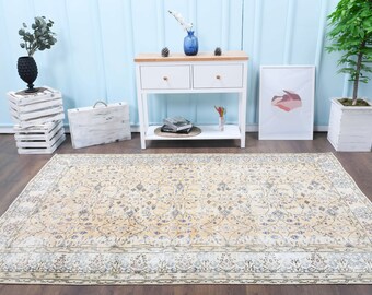 Distressed Turkish Oushak Rug: 5'5x9'9 Vintage Handmade Carpet