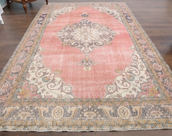 Pink Oushak Rug: 7x11 Vintage Turkish Hand-Knotted Rug