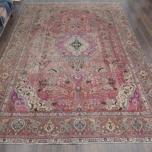 9&#39;4x12&#39;3 ft, COLORFUL PINK PURPLE, Vintage Turkish Rug, Tribal Rug, Oushak Rug, Floral Area Rug, Living Room Decor, Bedroom Decor, Area Rug