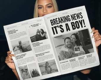 Baby Gender Reveal Newspaper Template, Pregnancy Announcement (Canva), baby shower invitartion, 4 pages, 004