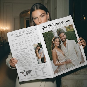 Wedding Newspaper Template, Large Printable Wedding Day Timeline, Wedding Program, Newlywed Times, Editable Newspaper Itinerary, 001