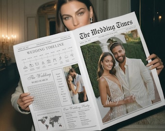 Wedding Newspaper Template, Large Printable Wedding Day Timeline, Wedding Program, Newlywed Times, Editable Newspaper Itinerary, 001