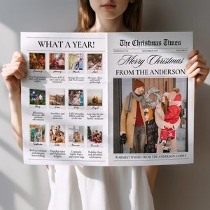 Periódico Year In Review, plantilla de periódico navideño, tarjeta con foto de What A Year, tarjeta festiva con foto, tarjeta festiva con boletín navideño