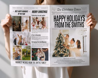 Christmas Newspaper Card Template, Family Photo Holiday Newsletter (Digital Download) Year In Review