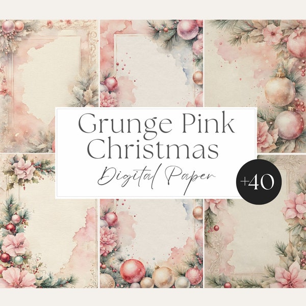 Pink Christmas Digital Paper, Grunge Pink christmas digital paper, Pink junk journal page, Vintage  Christmas Junk Journal Pages,Pink paper
