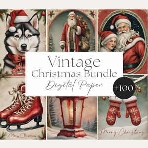 Carta digitale natalizia vintage, carta digitale Christmas Bundle, album di ritagli natalizi vintage, diario natalizio vintage, Babbo Natale vintage