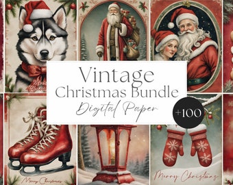Könnte beinhalten: Ein digitales Papierpaket mit über 100 Vintage-Weihnachtsmotiven. Die Designs zeigen den Weihnachtsmann, einen Lebkuchenmann, einen Husky-Hund, Schlittschuhe, Fäustlinge und eine Laterne. Die Designs sind in einem rot-weiß-grünen Farbschema gehalten.