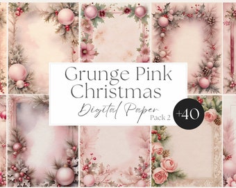 May include: A digital paper pack with over 40 grunge pink Christmas designs. The designs feature pink ornaments, holly, pine cones, and roses.